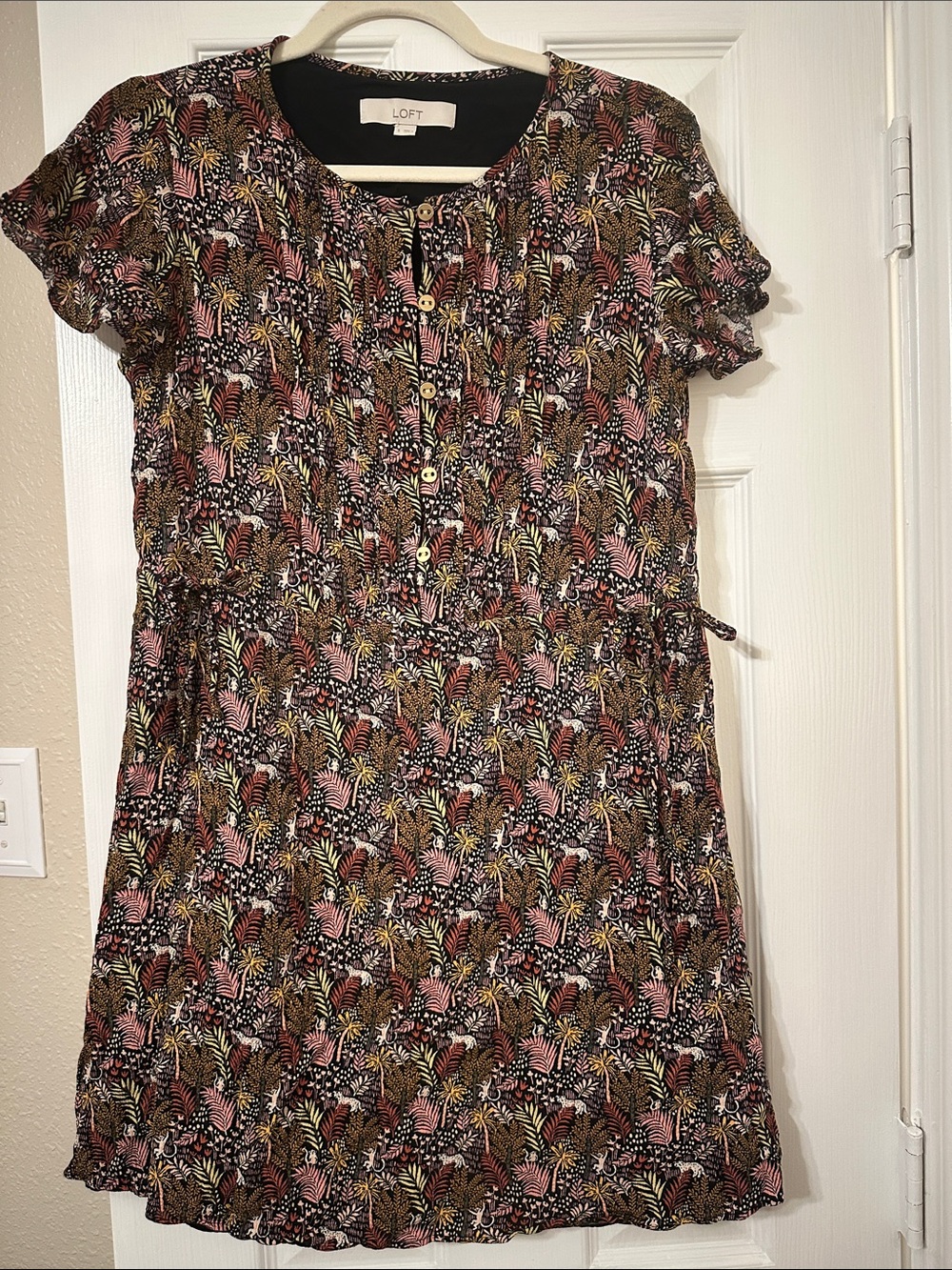 LOFT Black Floral Button-Front Short Sleeve Dress with Pink & Mustard Accents